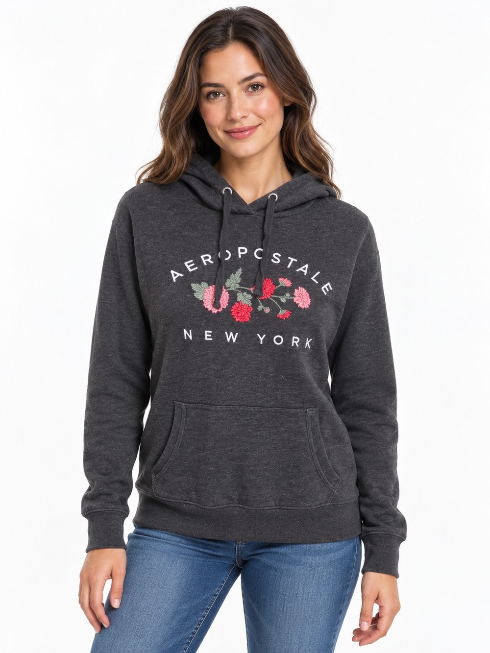 Aeropostale Charcoal Hoodie with Pink & Red Floral Logo